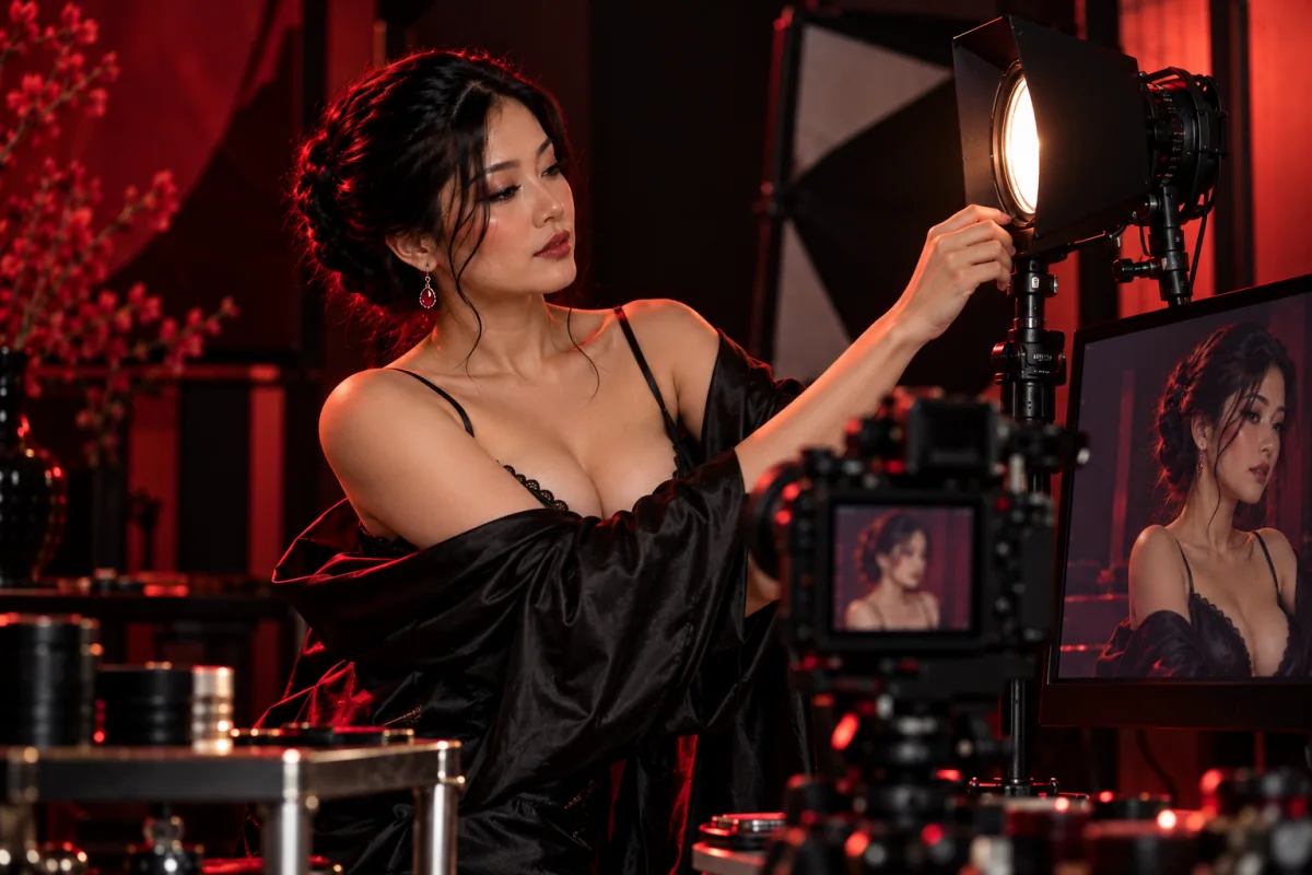 Adjusting a studio light next to a camera for the PixNova review